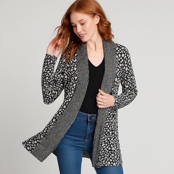 Belldini Medium Black Cheetah Chevron Print Longline Open Cardigan Sweater Cozy - Picture 1 of 7